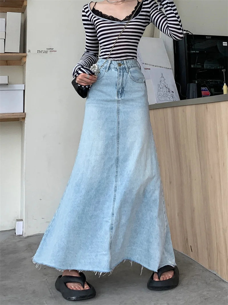 2025 Trend Women's Y2K Jeans Skirt - Light Blue High Waist Denim Maxi Skirt Retro Coquette Street Style