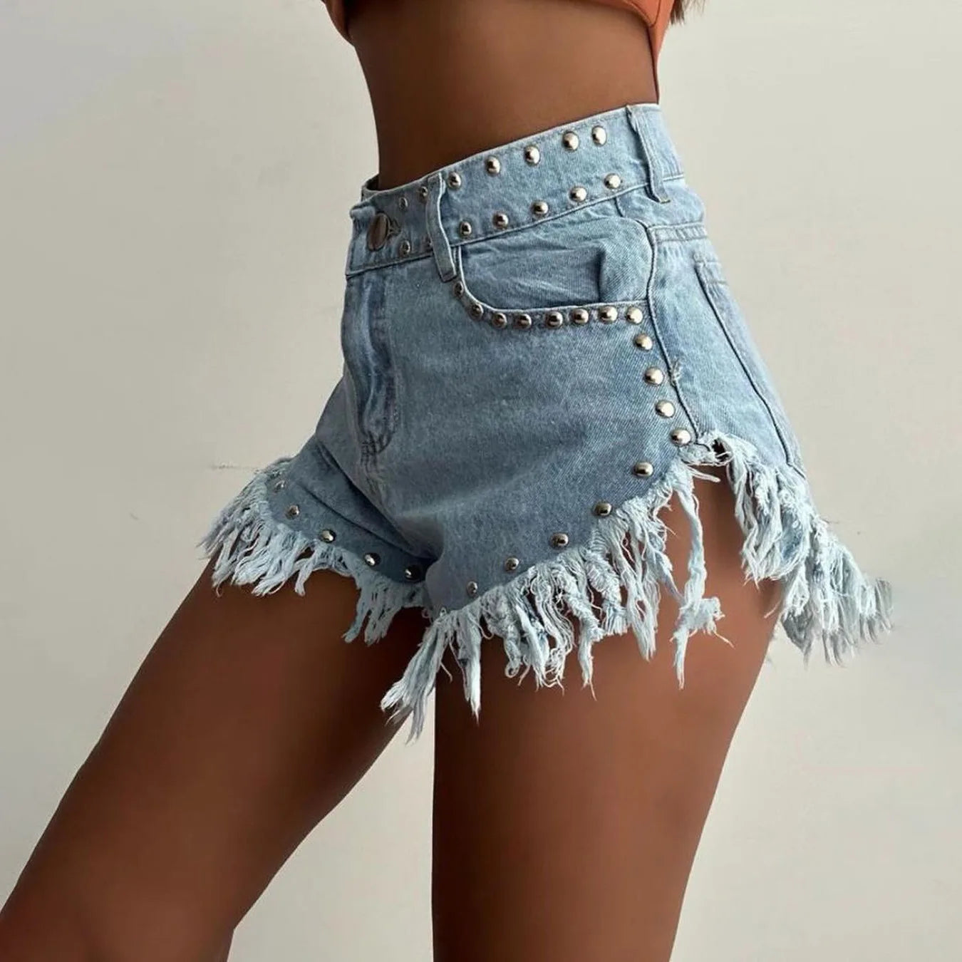 Women's Summer New Vintage Washed Blue Distressed Denim Shorts  High-Waist Straight Leg Slimming Hot Pants with Stylish Raw Hem