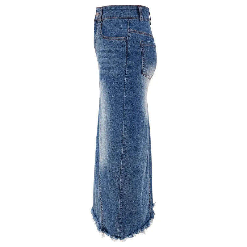 Benuynffy Vintage Hip Wrap Mermaid Hem Denim Skirt Women's 2025 Spring Summer High Waist Y2k Casual Raw Hem Jean Long Skirts