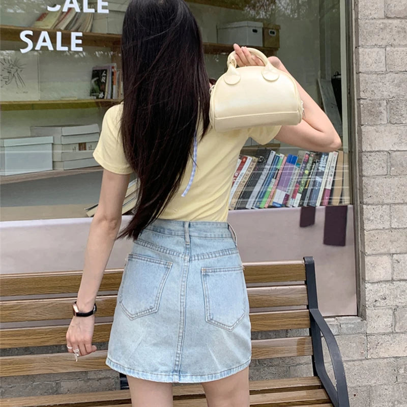 2025 Trend Women's Y2K Jeans Skirt - Dongdaemun Style Chain Detail High Waist Blue Denim A-Line Skirt Slimming Versatile 2682