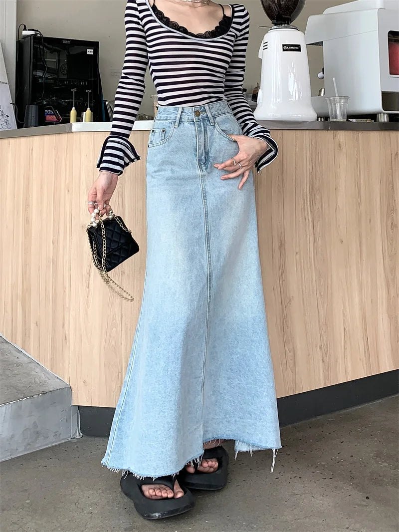 2025 Trend Women's Y2K Jeans Skirt - Light Blue High Waist Denim Maxi Skirt Retro Coquette Street Style