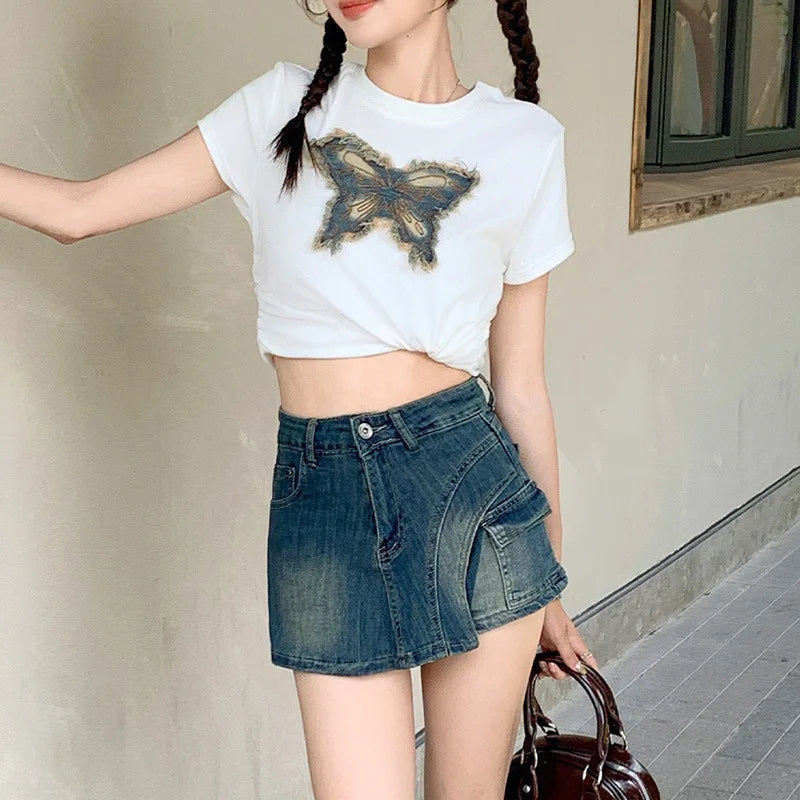 Denim Skirts Women Washed Skirt Shorts Spliced High Waist Zipper Fly Wrap Buttocks Distressed Patchwork Above Mini Basics