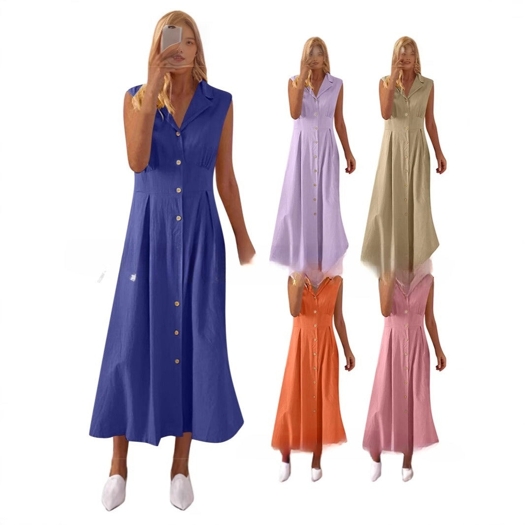 Women's Plus Size Sleeveless Lapel Button Cotton And Linen Dress