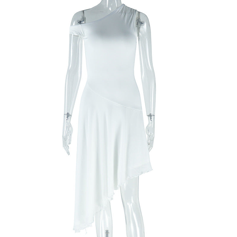 Fashion Solid Color Diagonal Collar Off Shoulder Sleeveless Irregular Dress