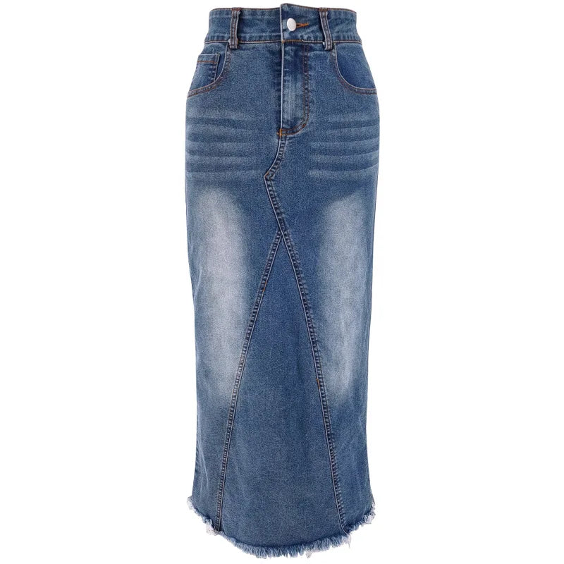 Benuynffy Vintage Hip Wrap Mermaid Hem Denim Skirt Women's 2025 Spring Summer High Waist Y2k Casual Raw Hem Jean Long Skirts