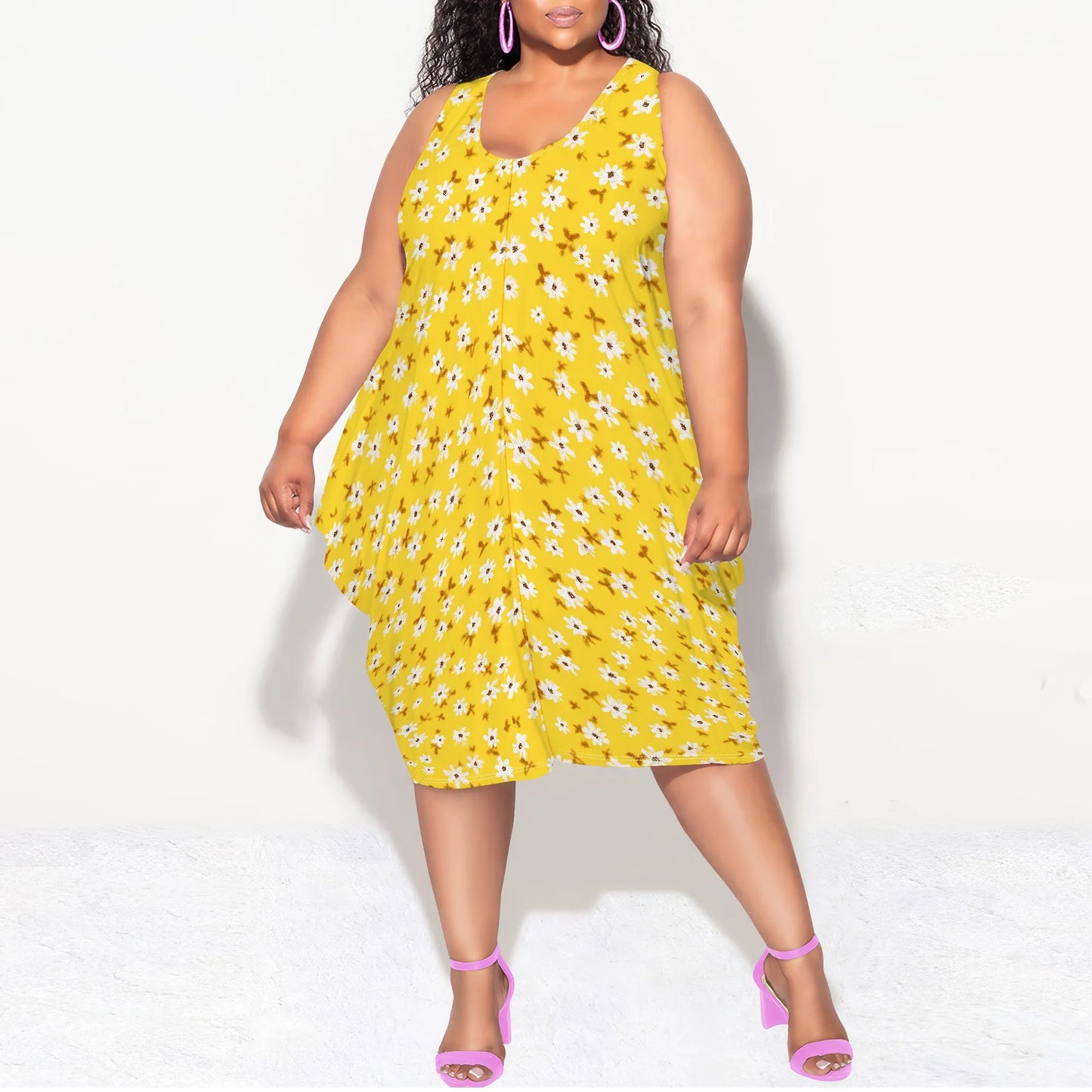 Women's Summer Sexy Sleeveless Loose Plus Size Dress Fashion Printed Beach Party Dress Casual Vacation Midi Dress