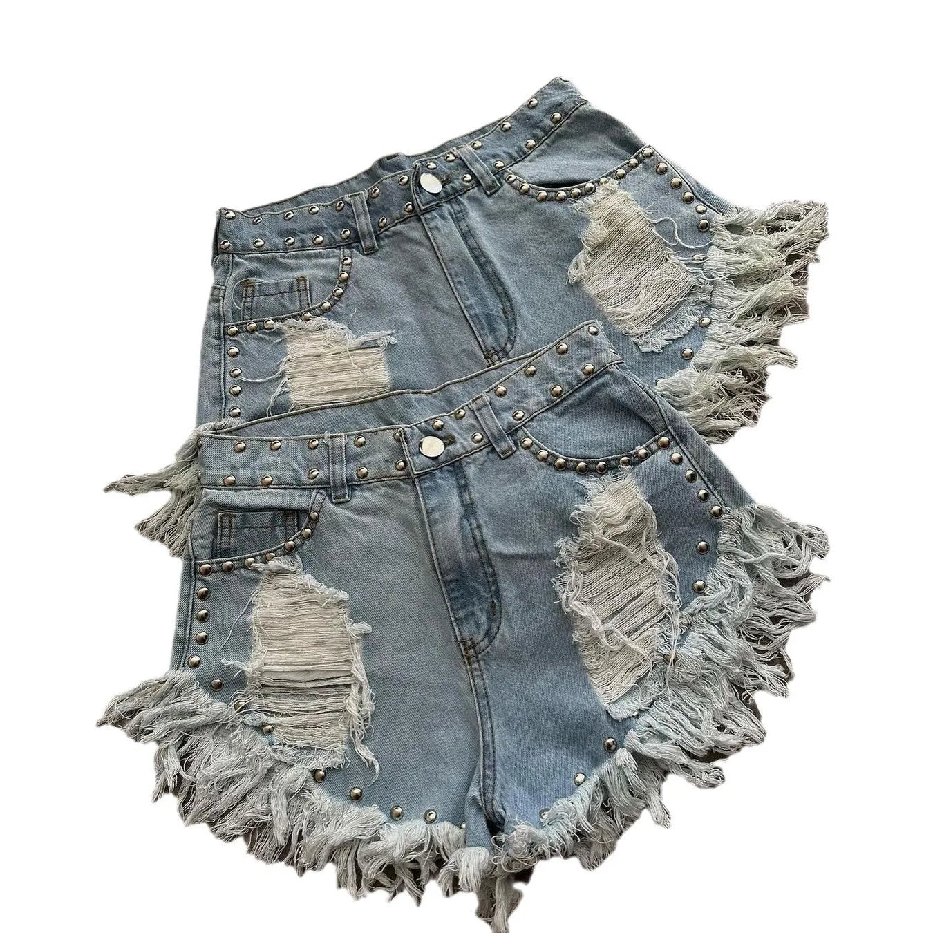 Women's Summer New Vintage Washed Blue Distressed Denim Shorts  High-Waist Straight Leg Slimming Hot Pants with Stylish Raw Hem