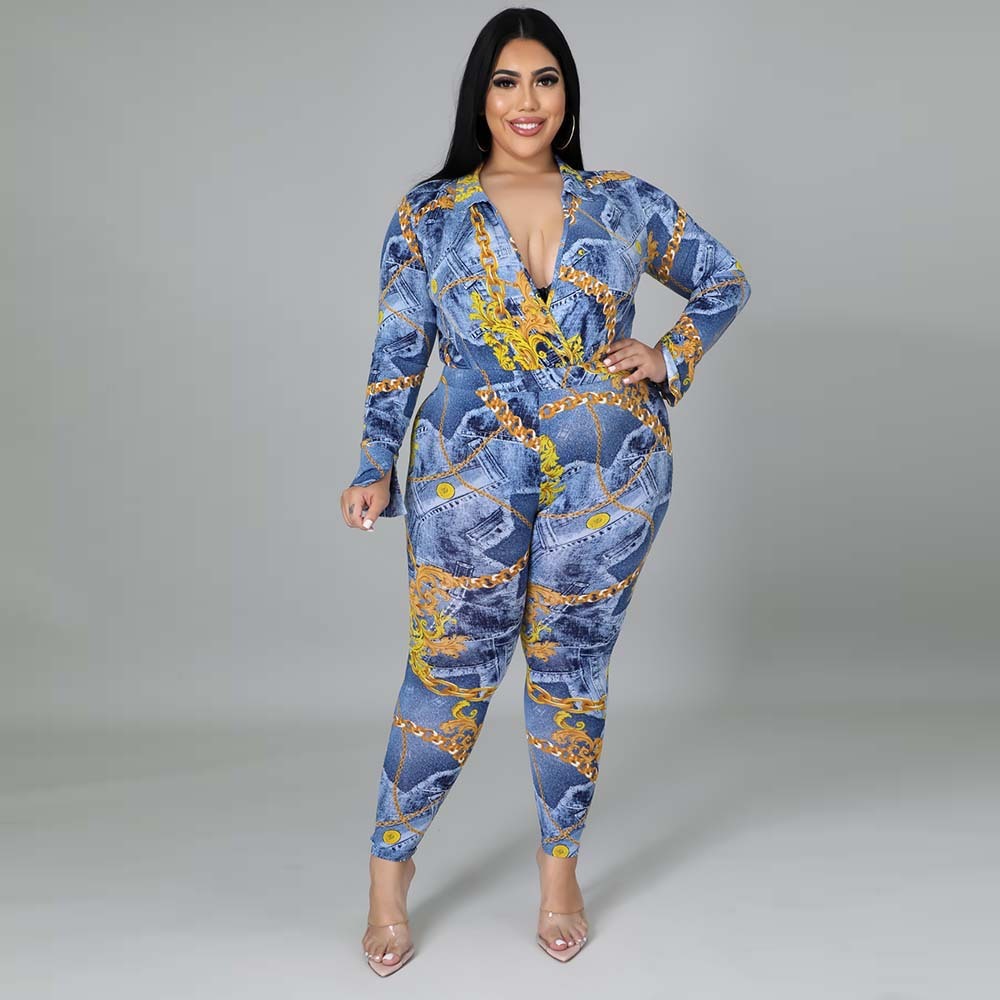 Plus Size Women's Autumn New Fashion V-neck Printed Shirt Trousers Suit