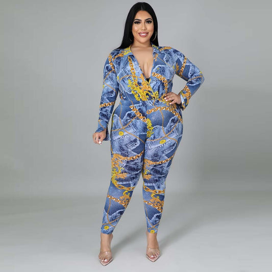 Plus Size Women's Autumn New Fashion V-neck Printed Shirt Trousers Suit