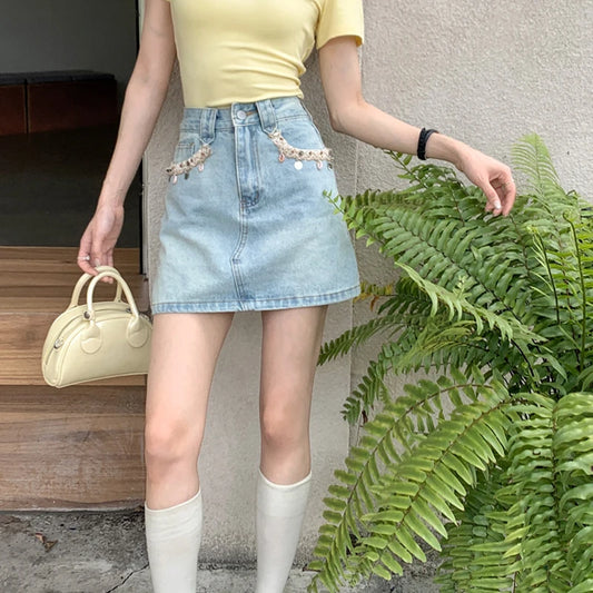 2025 Trend Women's Y2K Jeans Skirt - Dongdaemun Style Chain Detail High Waist Blue Denim A-Line Skirt Slimming Versatile 2682
