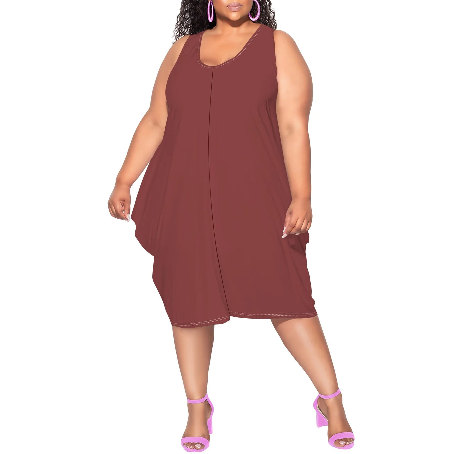 Women's Summer Sexy Sleeveless Loose Plus Size Dress Fashion Printed Beach Party Dress Casual Vacation Midi Dress