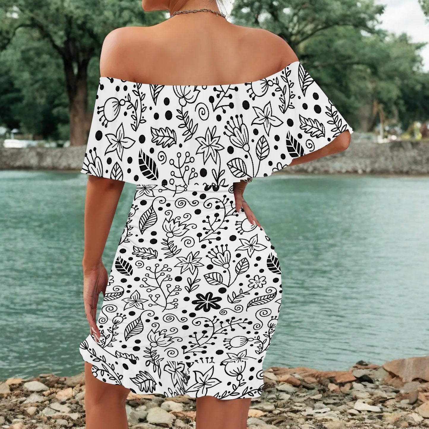 Women's 2025 Spring/Summer New Customized Casual Loose Swinging Collar Shoulder Printed Flower Strap Dress