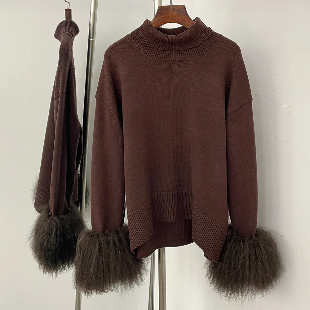 ZMEENNA Women's Elegant High Neck Knit Sweater With Luxurious Faux Fur Cuffs Cozy Long Sleeve Chic Winter Warmth ZM3417
