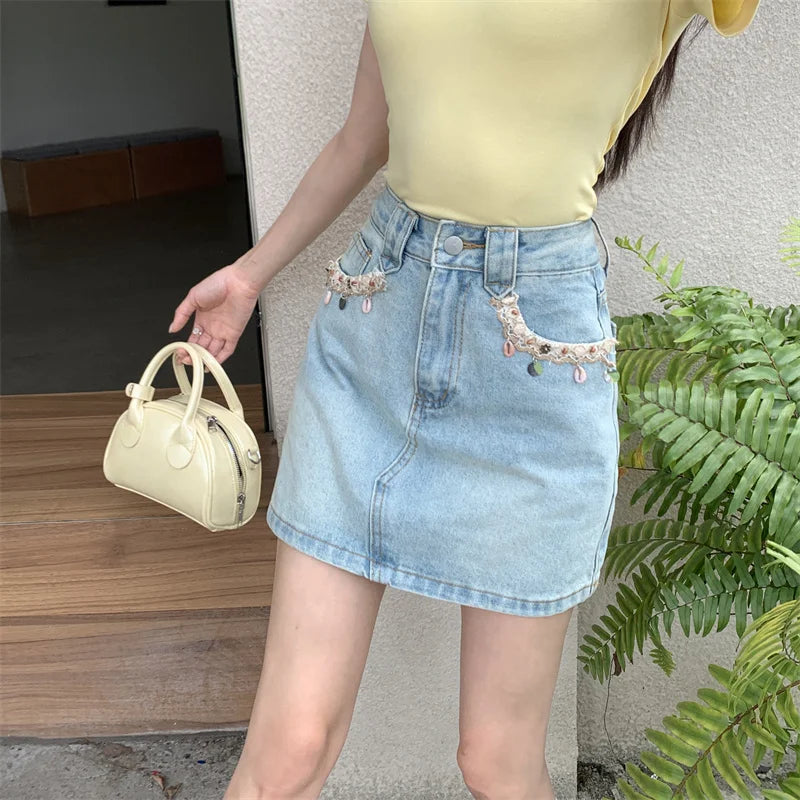 2025 Trend Women's Y2K Jeans Skirt - Dongdaemun Style Chain Detail High Waist Blue Denim A-Line Skirt Slimming Versatile 2682