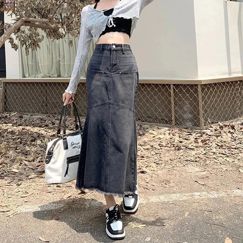 Vintage Women Denim Skirts Loose Casual High Waist Raw Edges Tassel Midi Skirt Korean Patchwork Button Elegant Mermaid Skirts