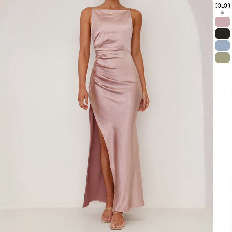 Solid Color Sexy Backless Slit Mid-length Sleeveless Sling Dress